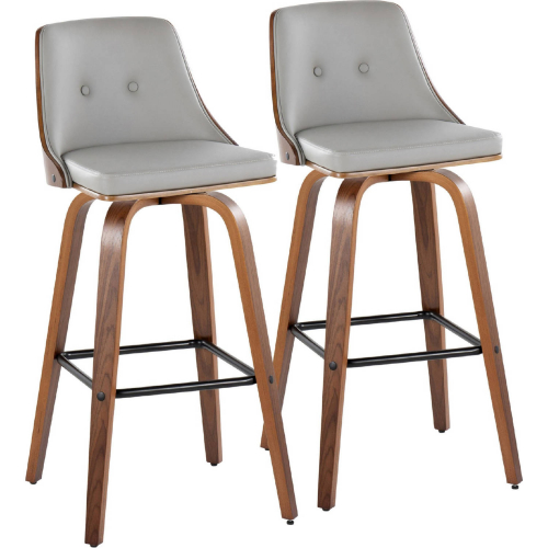 Gianna Swivel Bar Stool in Walnut Wood & Light Grey Leatherette w/ Black Footrest (Set of 2)